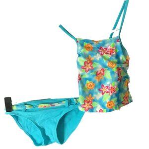 Miss Lana Girls 5/6 2 Piece Blue Floral Swimsuit Tankini Top & Bottom